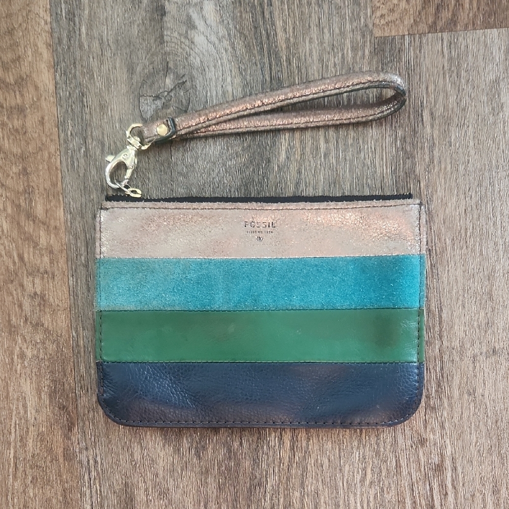 Fossil Colorblock Leather Wristlet Wallet Clutch Blue Green Metallic Striped